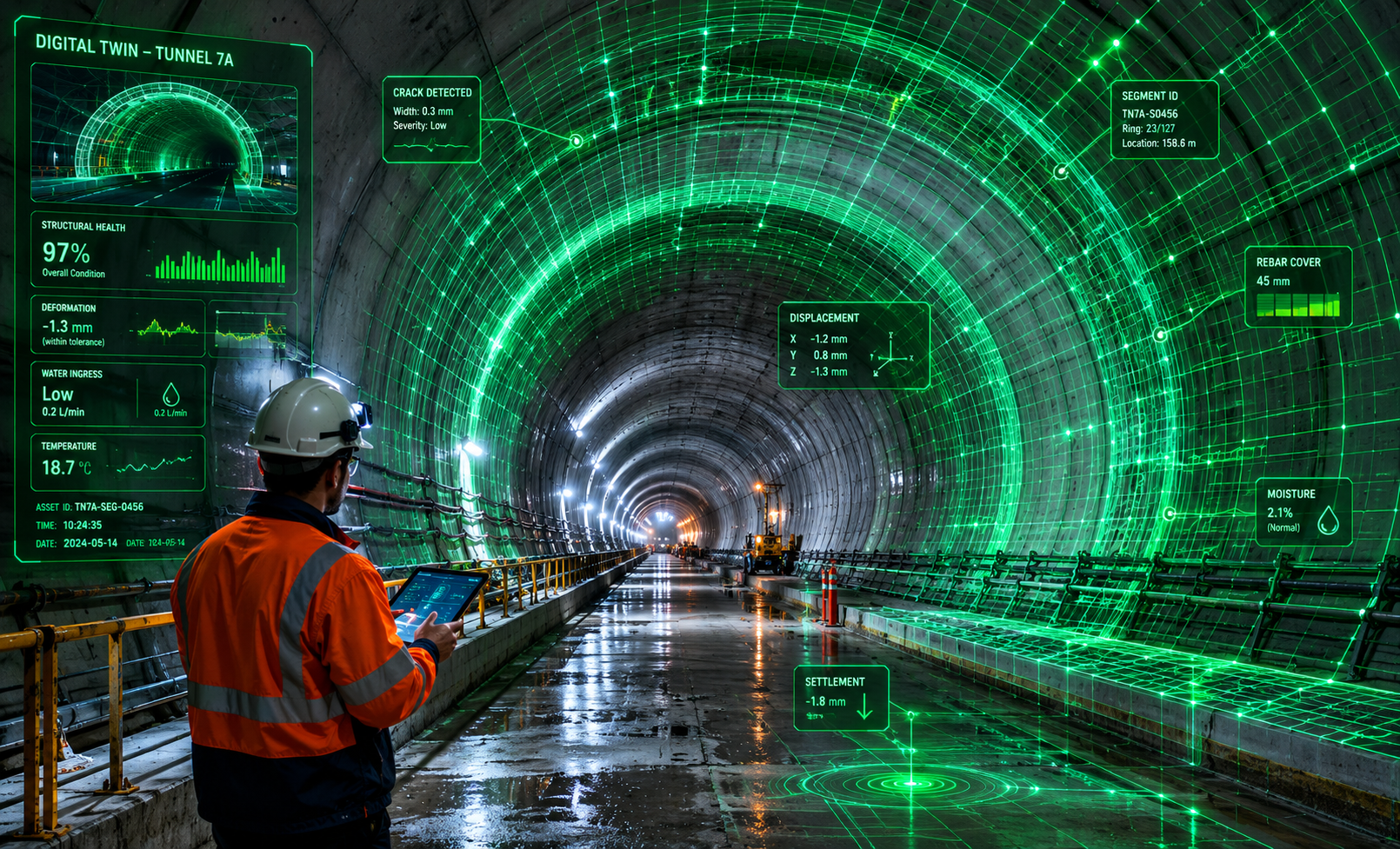 A sewer pipe shown half as photoreal concrete and half as a green digital point-cloud model
